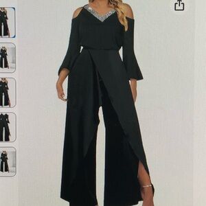 Womens Bell Sleeve Jumpsuit Romper with Wide Leg and Shimmer V Neck off Shoulder